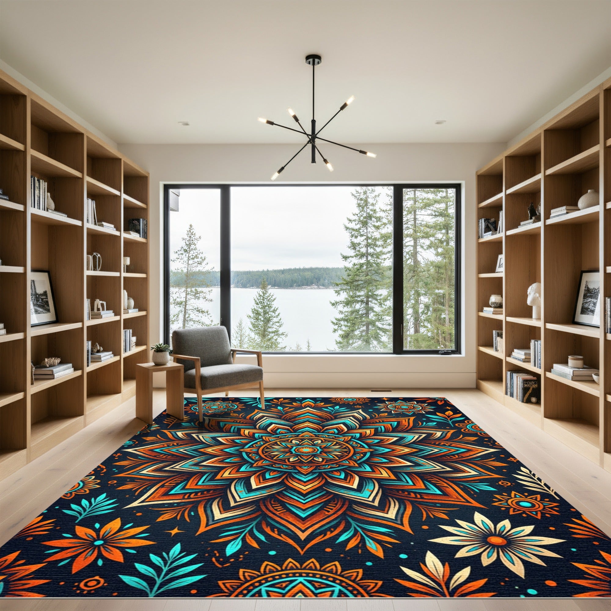 Vibrant Teal and Orange Floral Mandala Rug