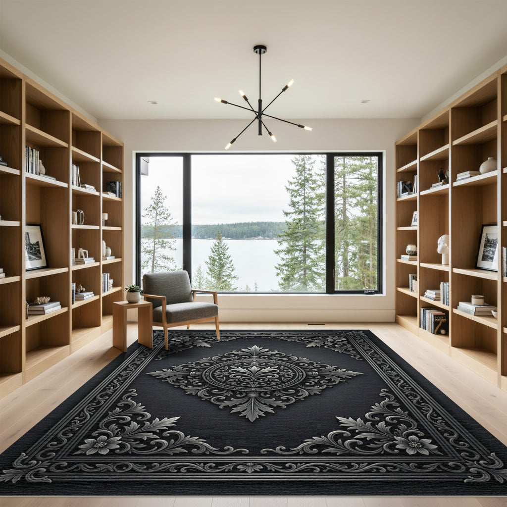 Dark Gray Ornate Floral Medallion Rug