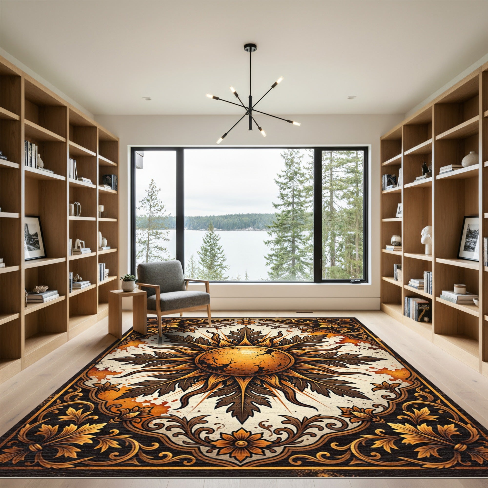 Gilded Sunburst Leaf Ornate Medallion Rug