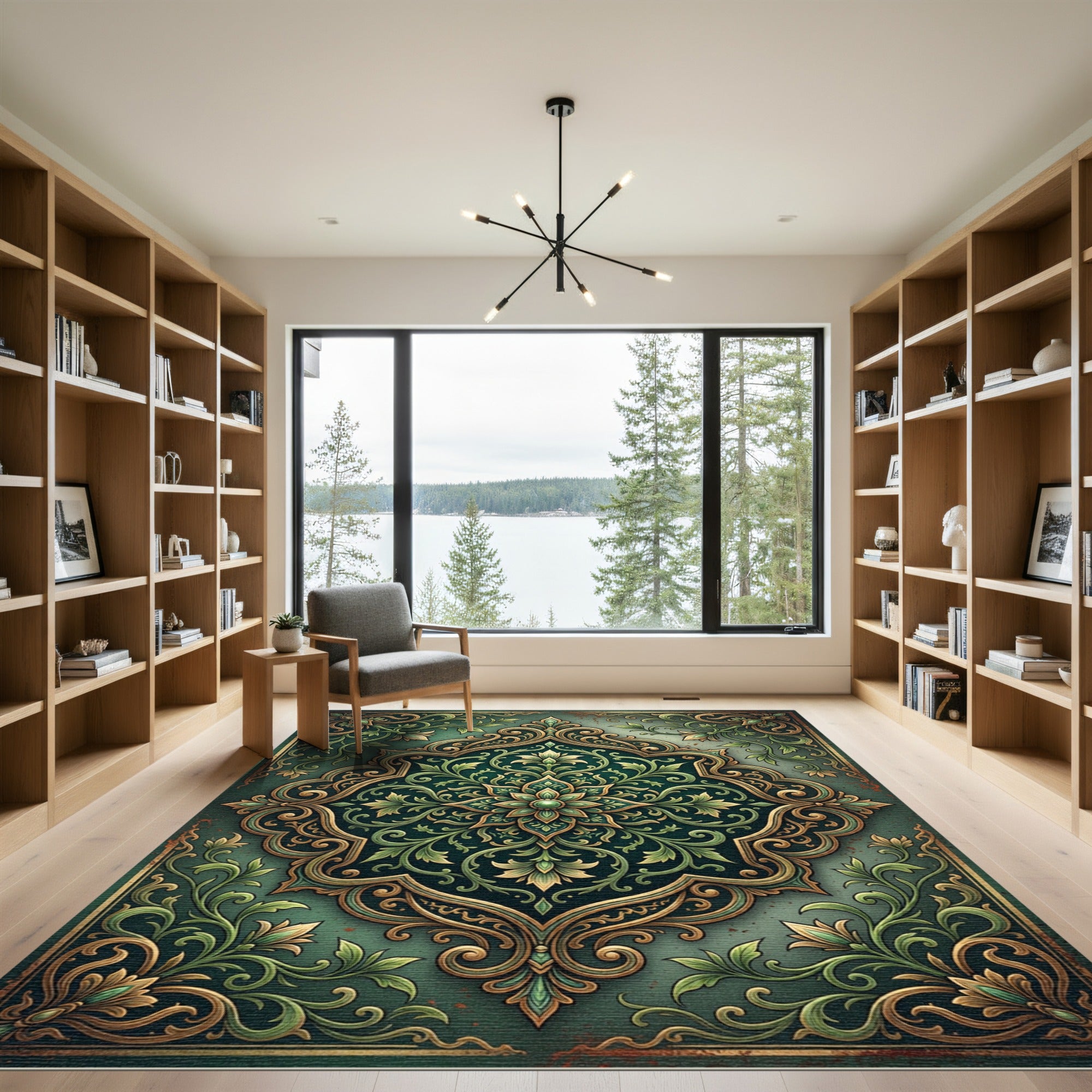 Emerald Gold Floral Arabesque Frame Rug