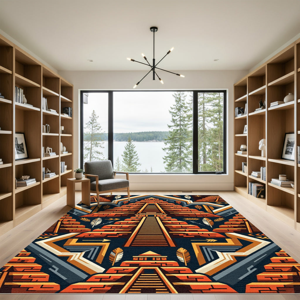 Geometric Terracotta Aztec Pyramid Staircase Rug
