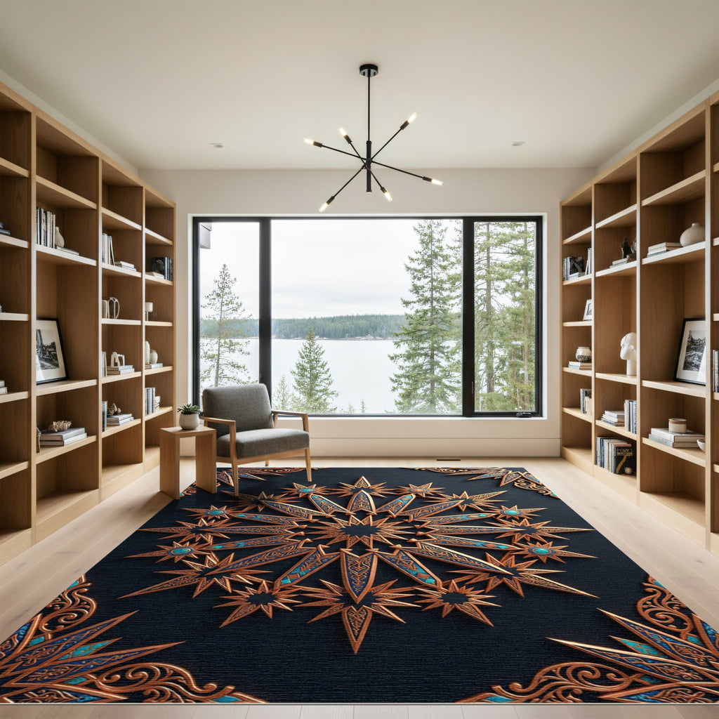 Celestial Gold Blue Starburst Medallion Rug