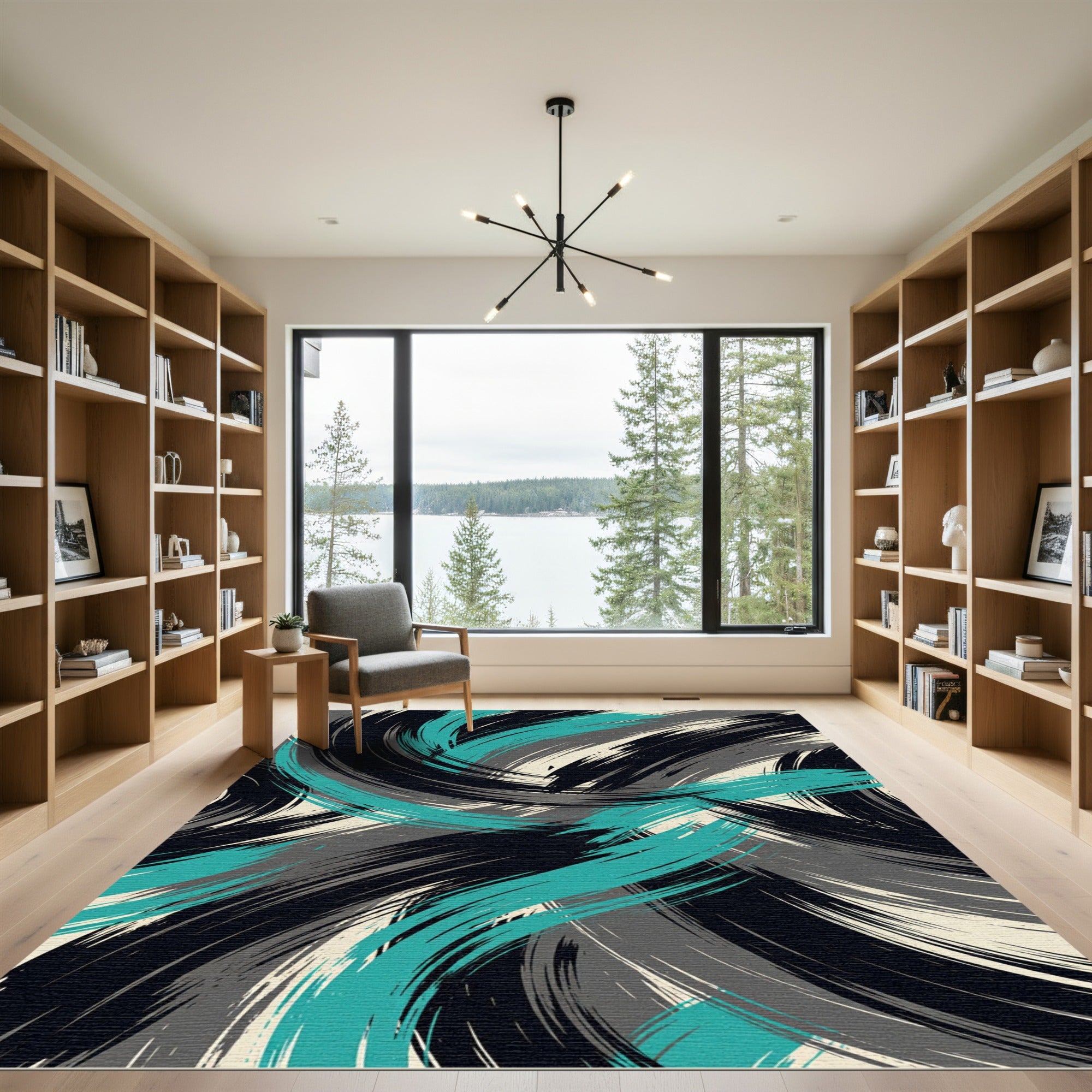 Abstract Teal Black Swirl Rug
