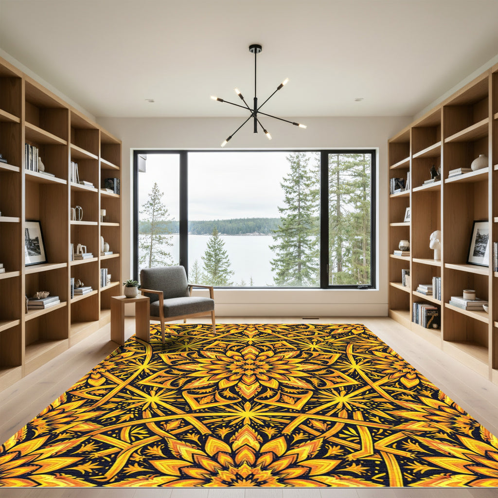 Golden Radiant Sunburst Floral Medallion Rug