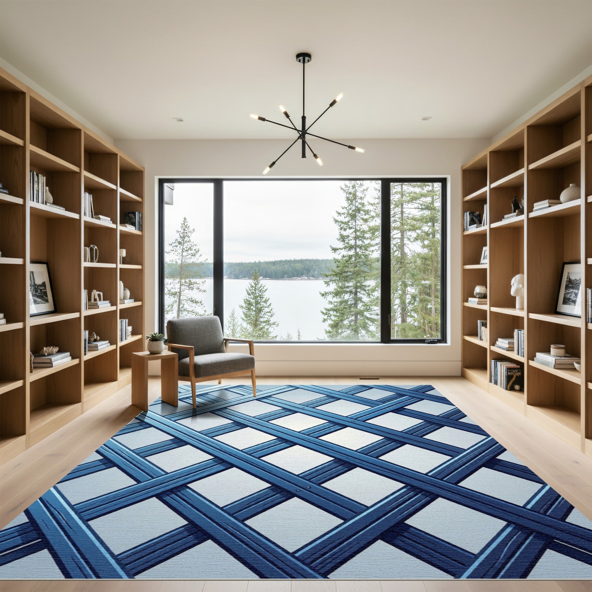Geometric Navy Blue Lattice Grid Rug