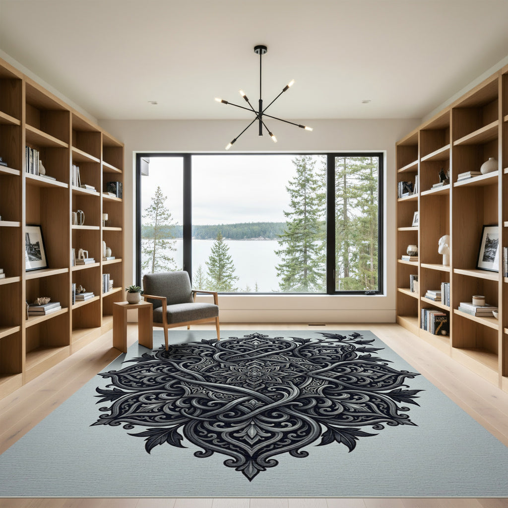 Elegant Monochrome Intricate Scroll Medallion Rug