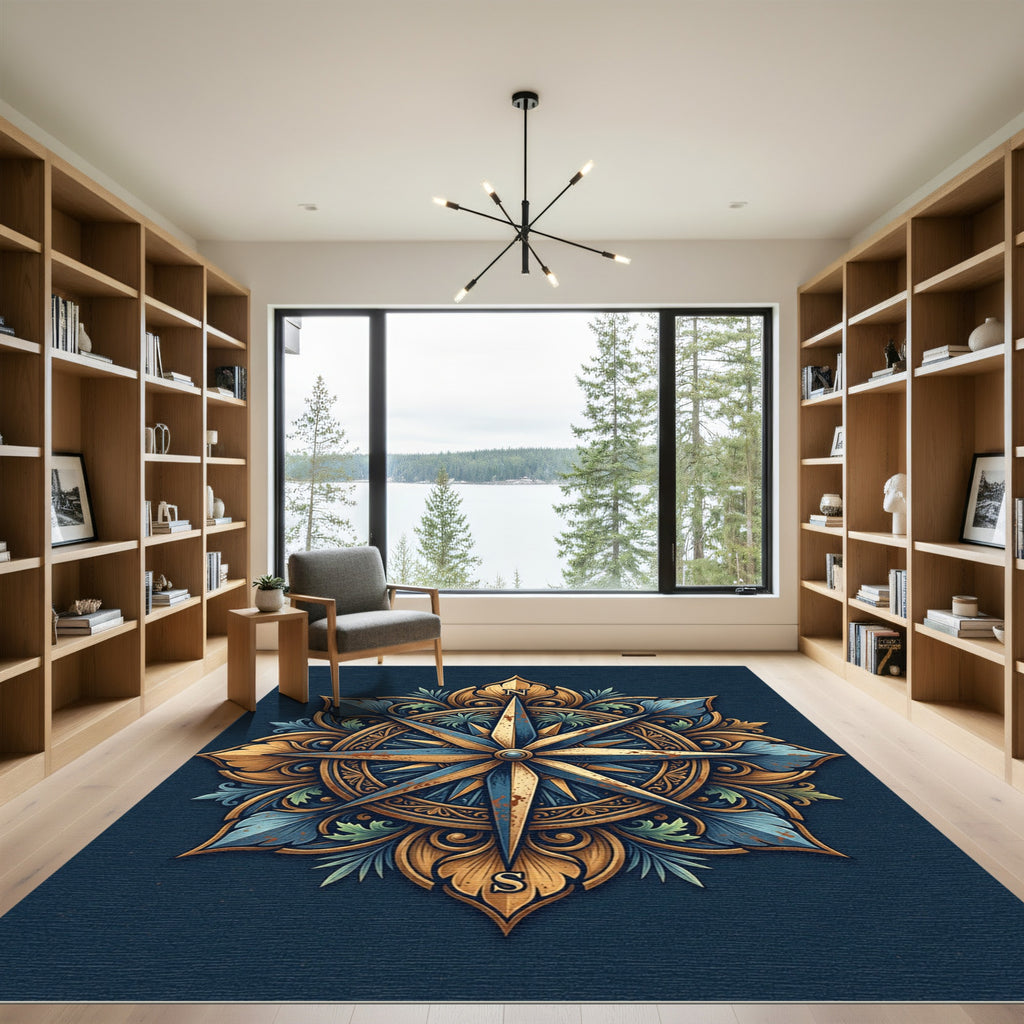 Ornate Golden Compass Navy Floral Medallion Rug