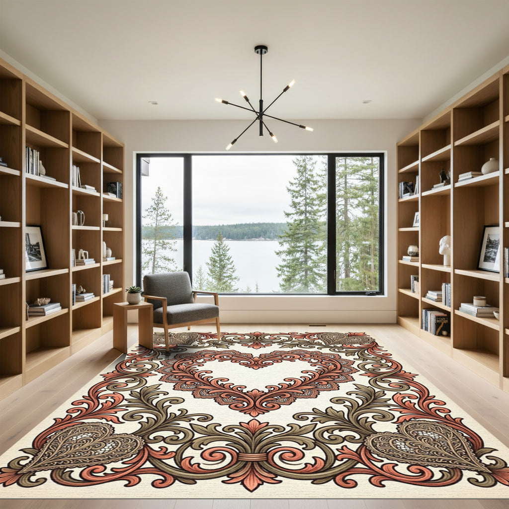 Ornate Coral Heart Vine Scroll Rug