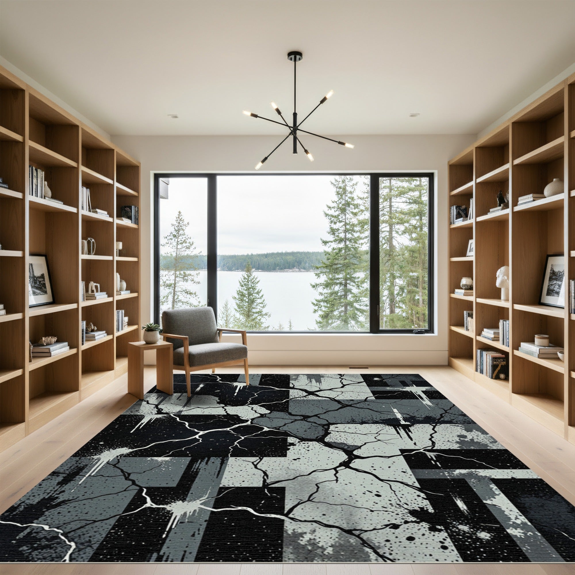 Monochromatic Cracked Abstract Geometric Urban Art Rug