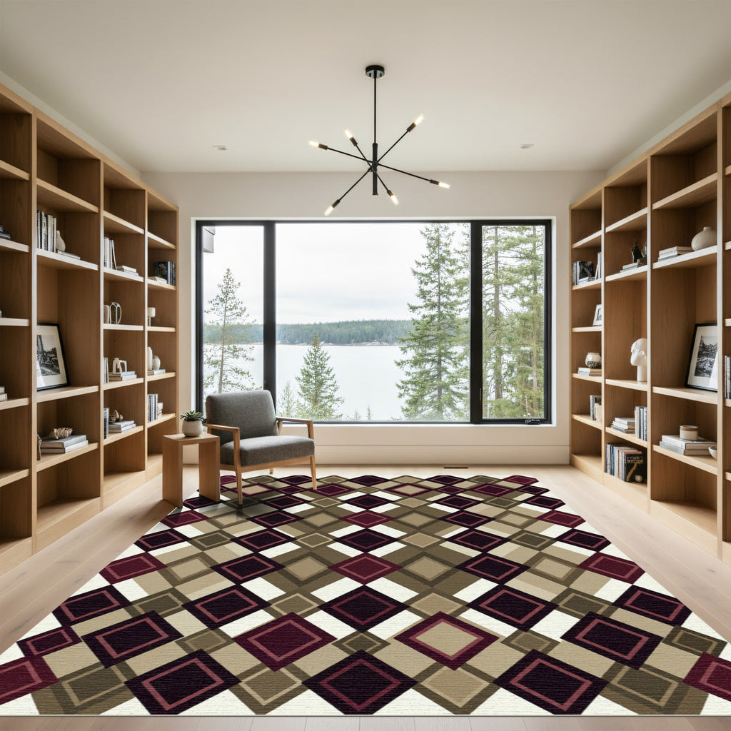 Geometric Argyle Burgundy and Brown Rug
