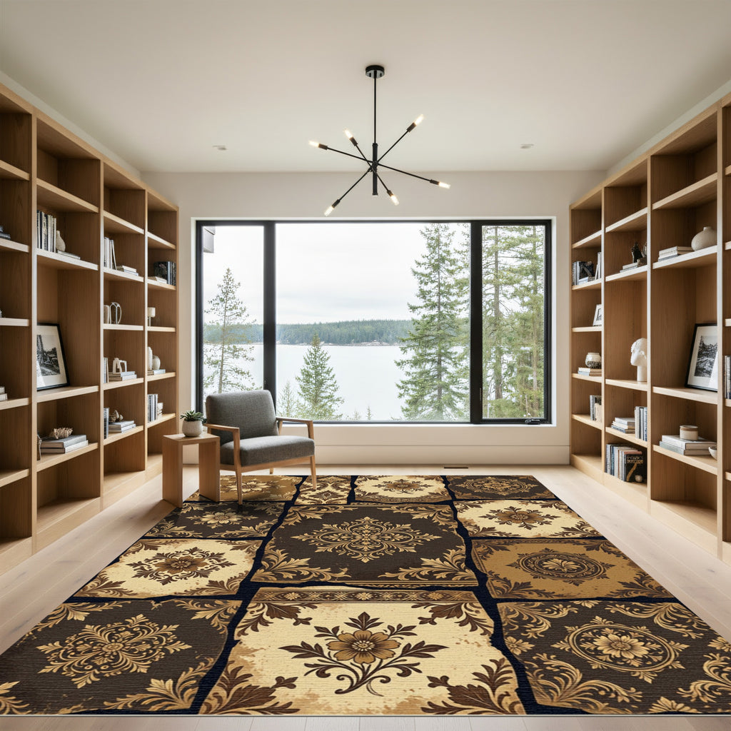 Vintage Brown Damask Floral Patchwork Rug