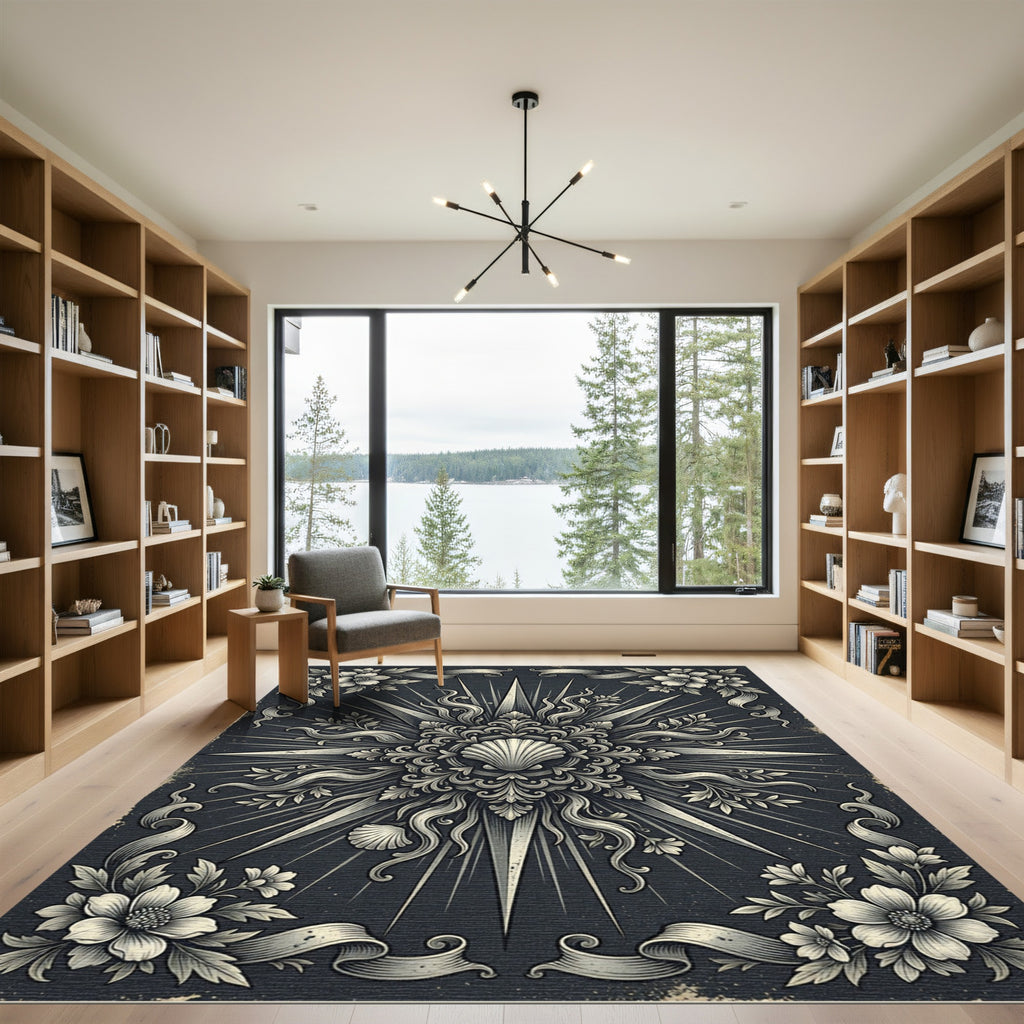 Vintage Charcoal Seashell Sunburst Damask Rug