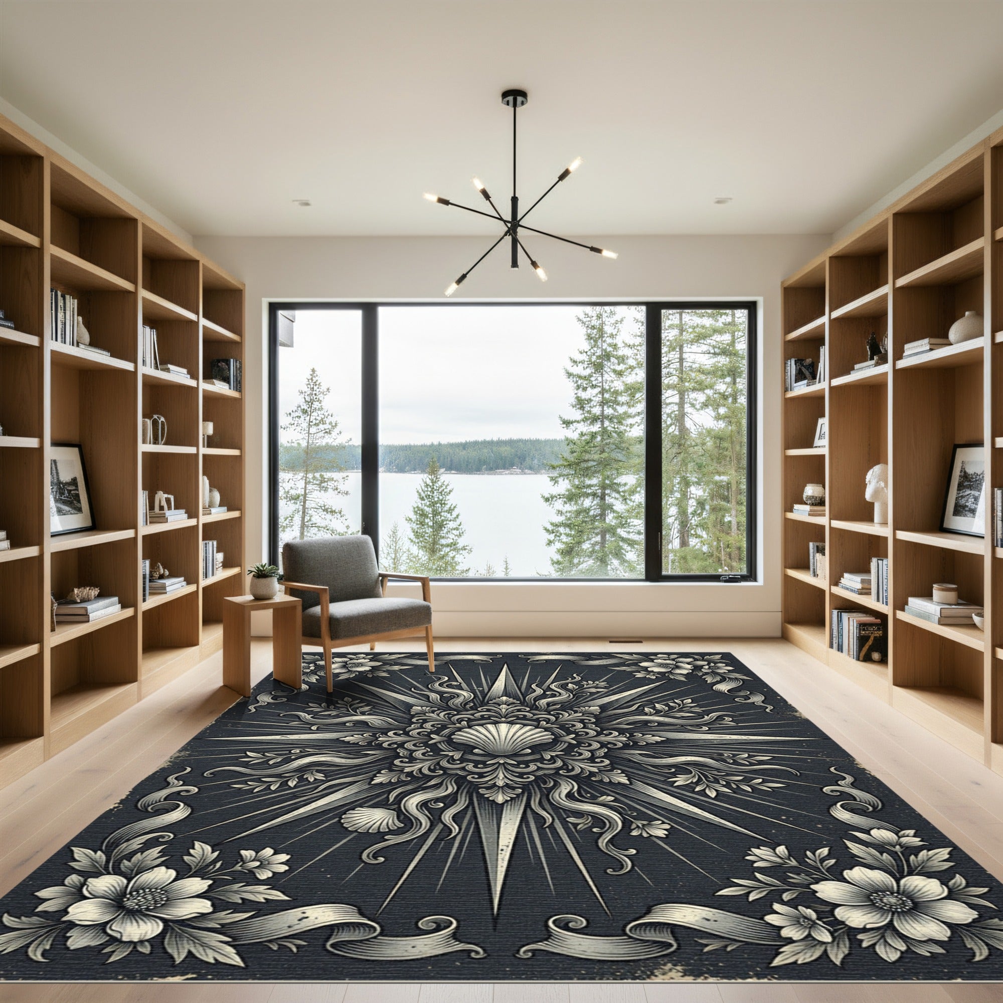 Vintage Charcoal Seashell Sunburst Damask Rug