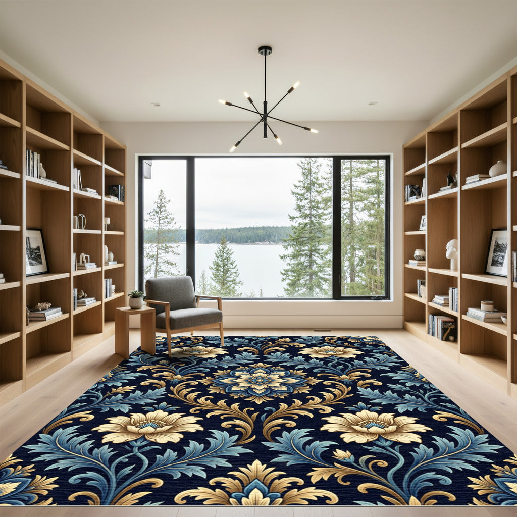 Antique Blue Golden Floral Damask Rug