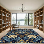 Antique Blue Golden Floral Damask Rug