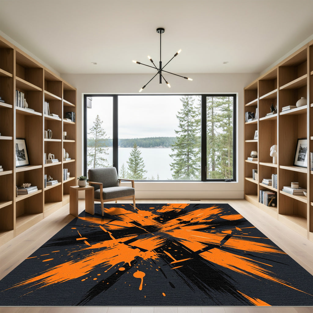 Dynamic Orange and Black Abstract Brushstroke Rug
