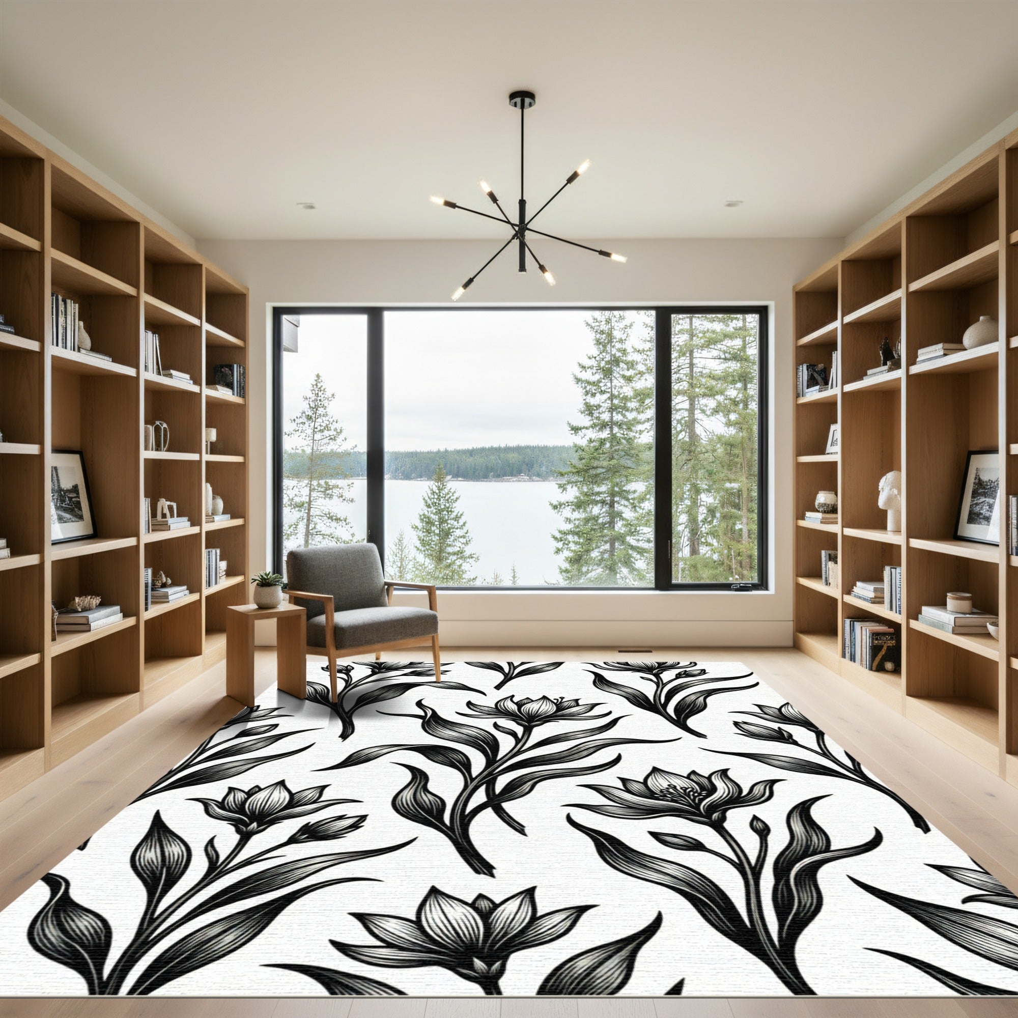 Elegant Monochrome Floral Botanical Illustration Rug