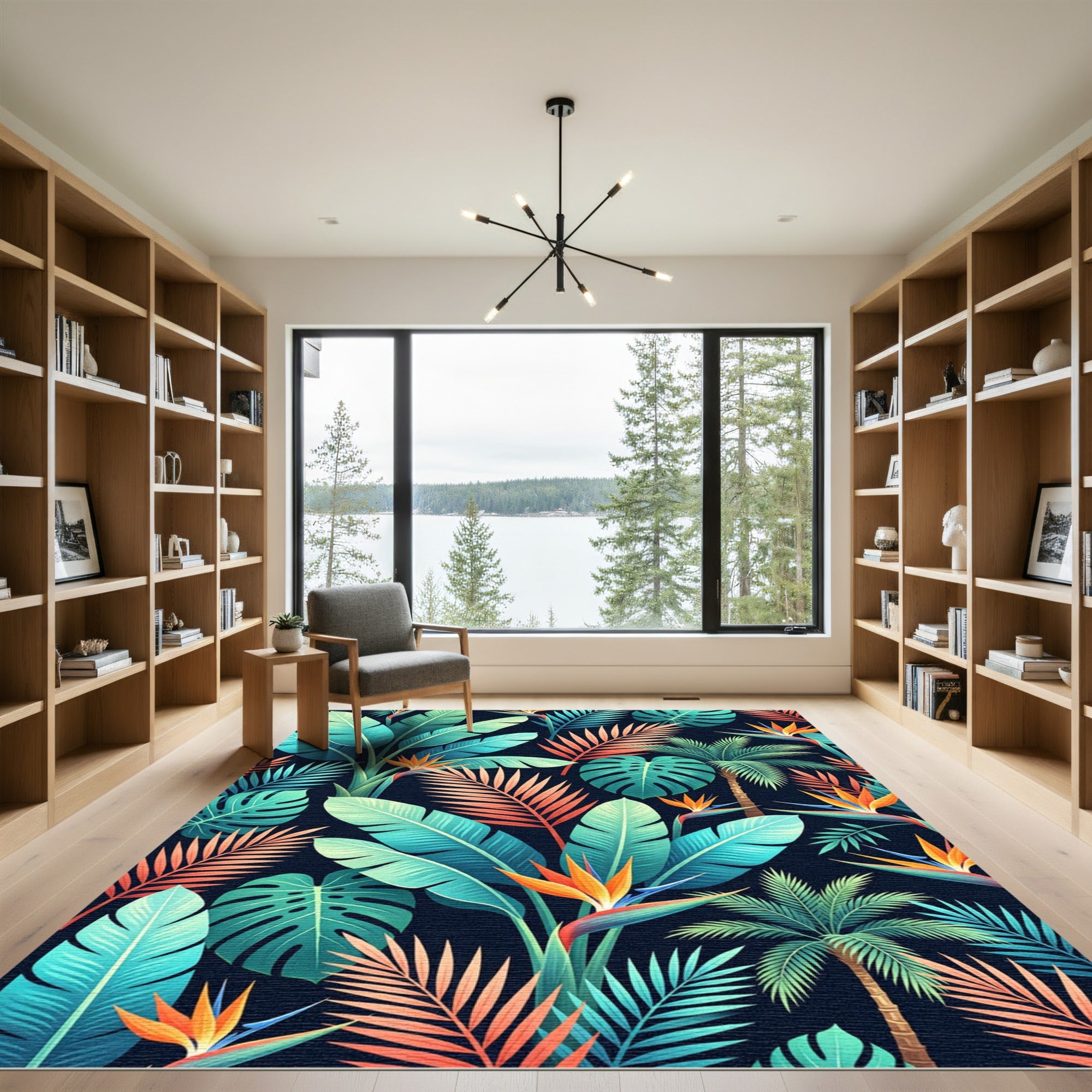 Bold Tropical Leaf and Bird of Paradise Rug