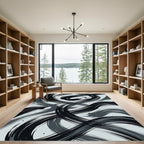 Modern Black and Gray Brushstroke Swirls Rug