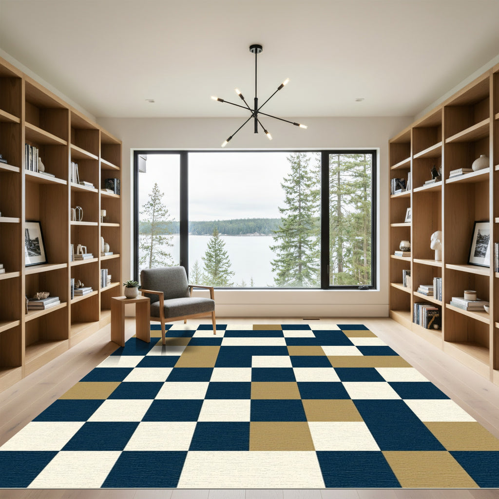 Modern Navy Gold Colorblock Geometric Rug