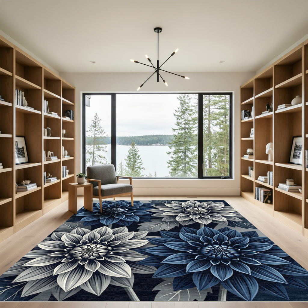 Sophisticated Navy and Silver Floral Bloom Rug