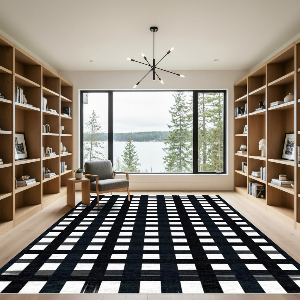 Black White Plaid Grid Arrangement Rug