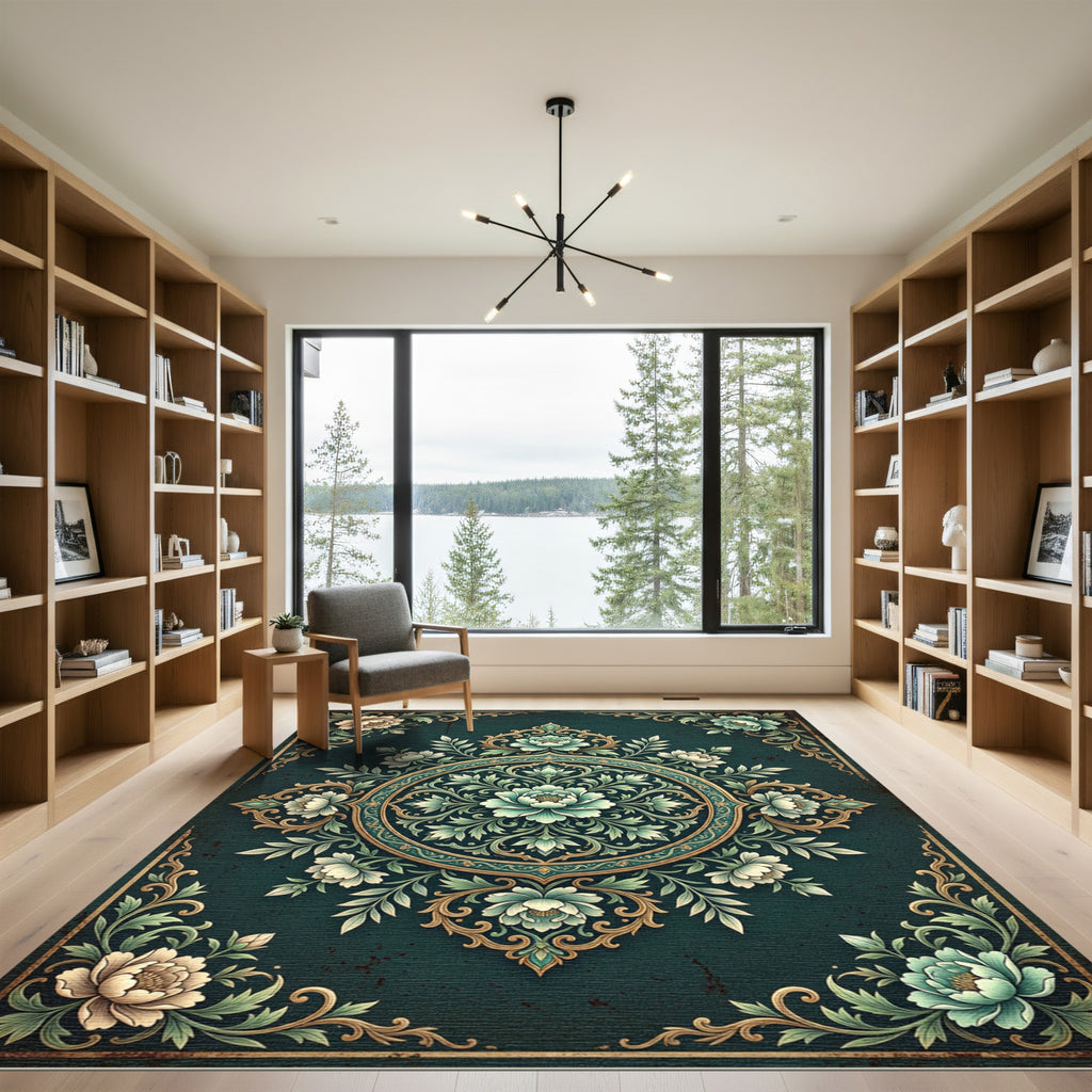 Ornate Teal Blossom Medallion Rug