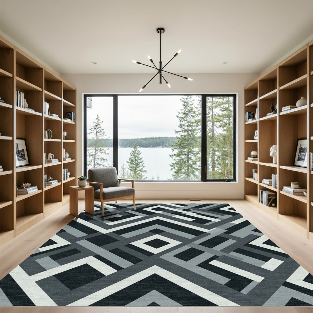 Monochrome Abstract Geometric Interlocking Line Rug