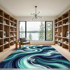 Swirling Teal and Navy Abstract Waves Rug