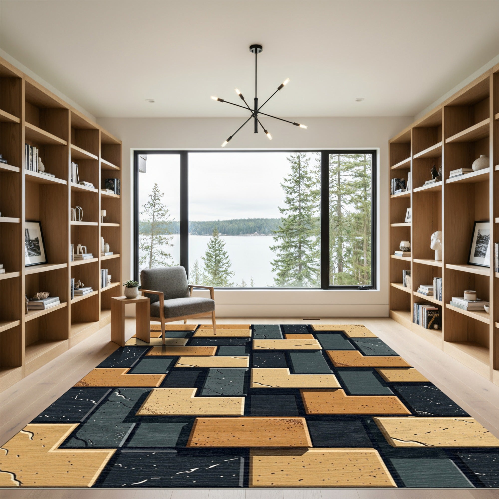 Textured Brickwork Geometric Brown Gray Rug