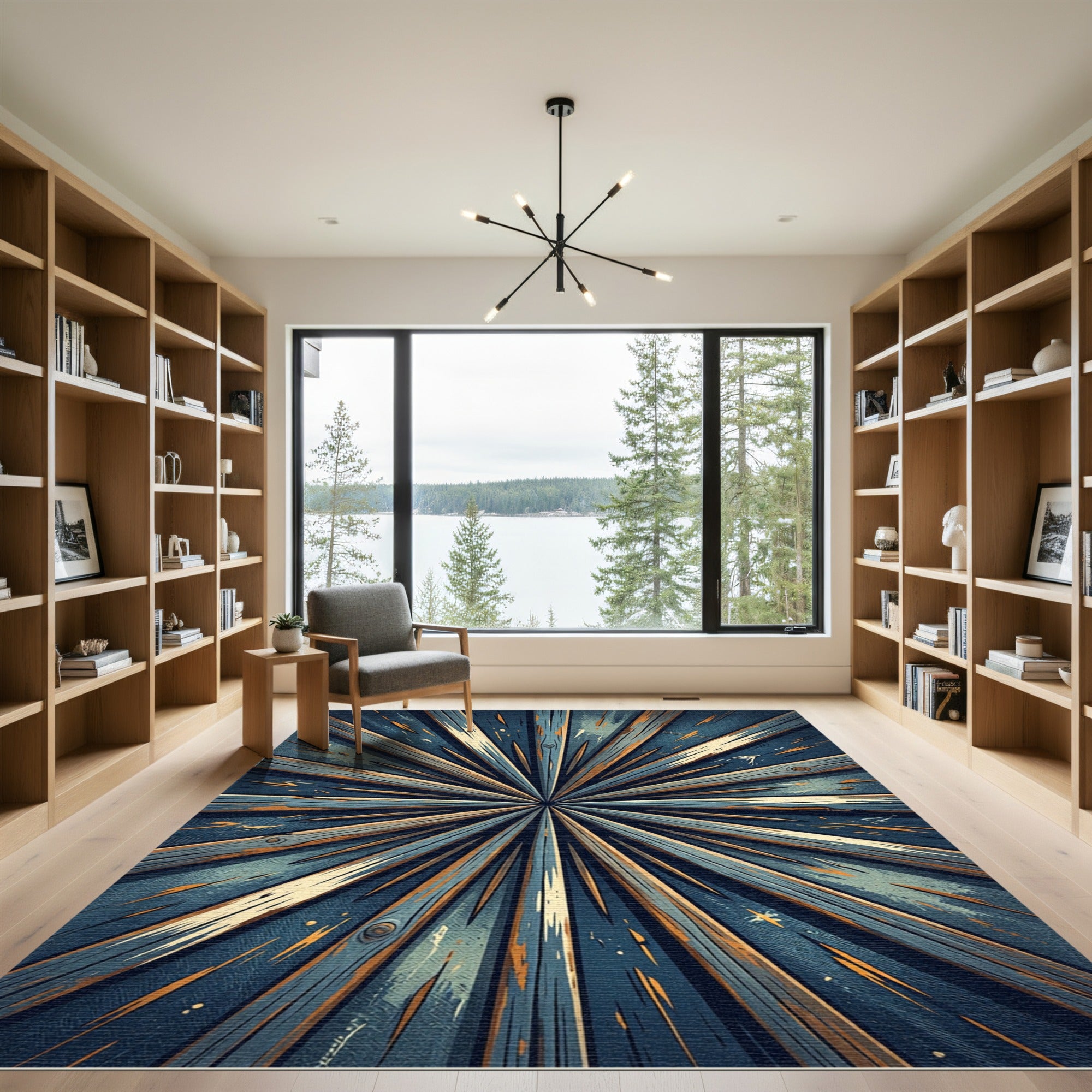 Radiating Blue Golden Wood Burst Rug