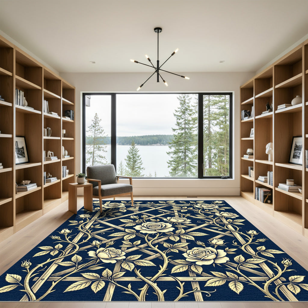 Cream Roses Trellis Navy Rug