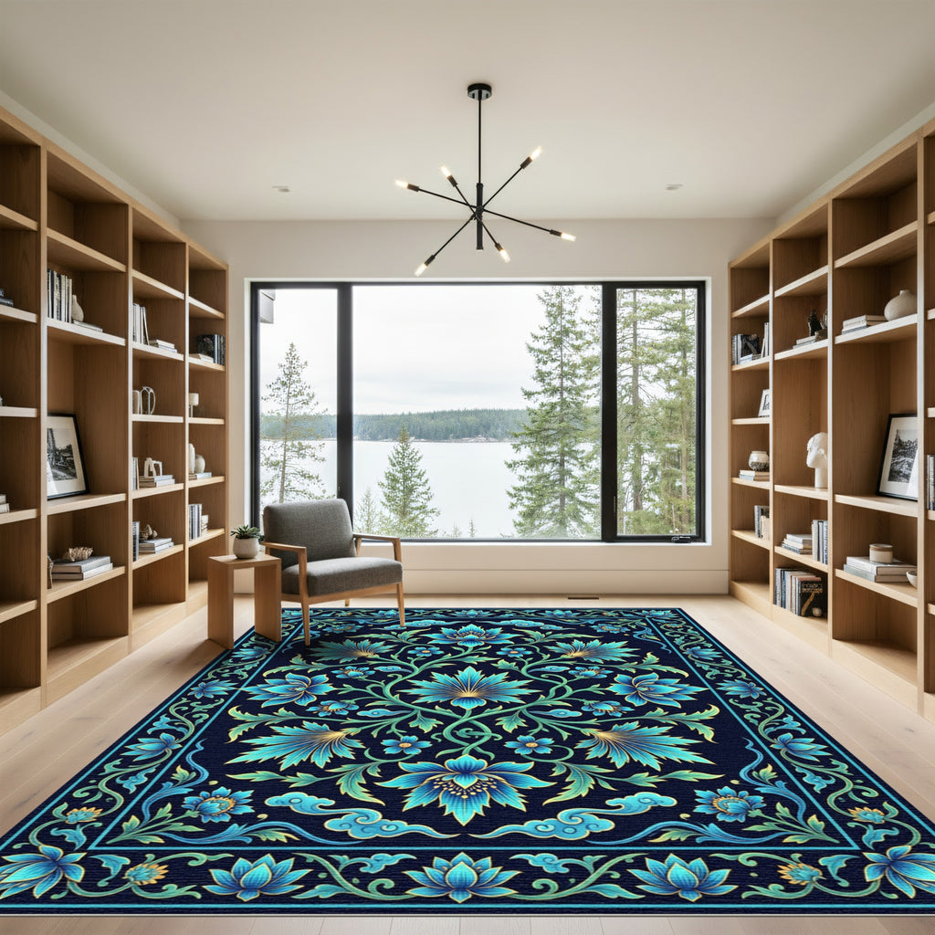 Cerulean Floral Symmetry Deep Azure Rug