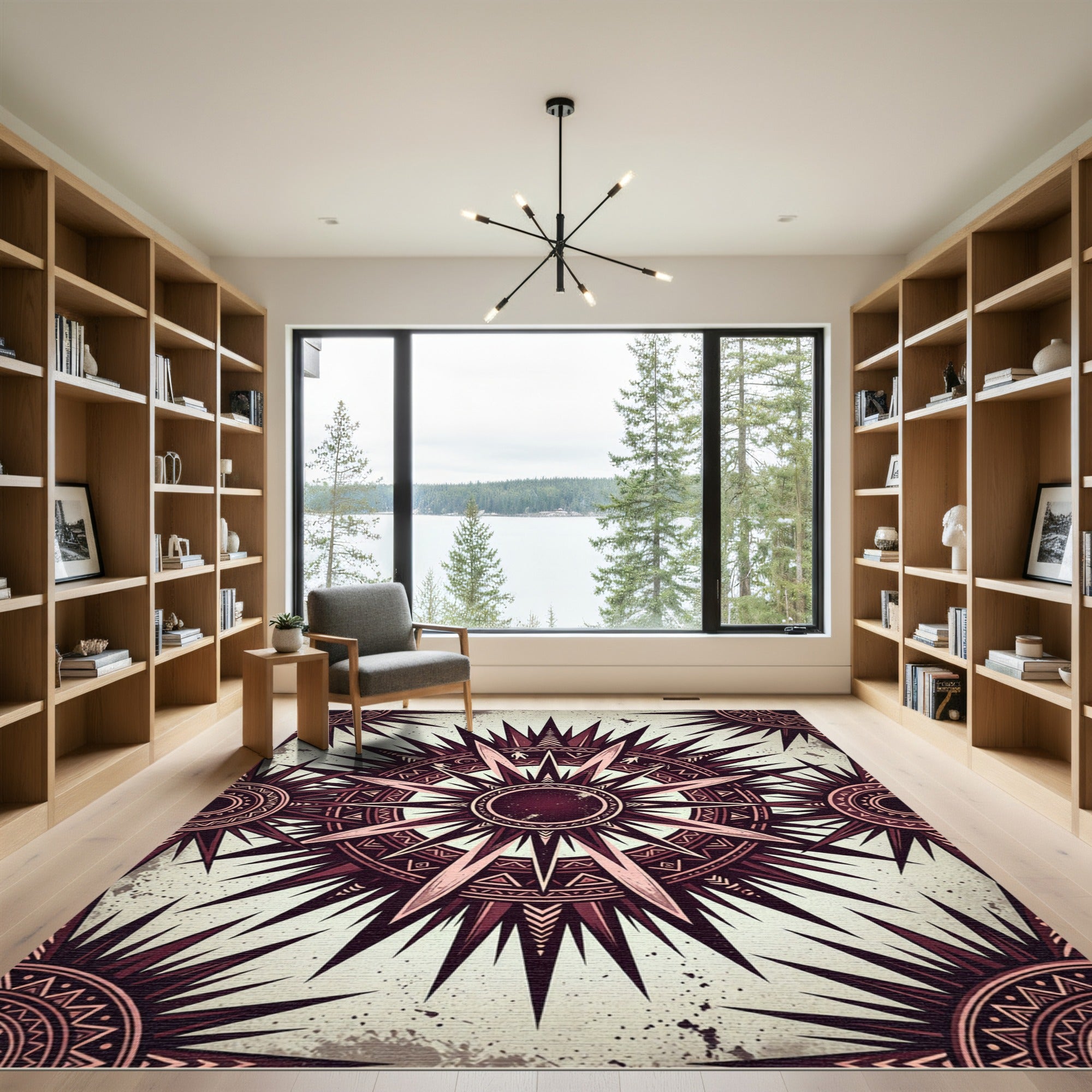 Dark Crimson Celestial Star Compass Rug