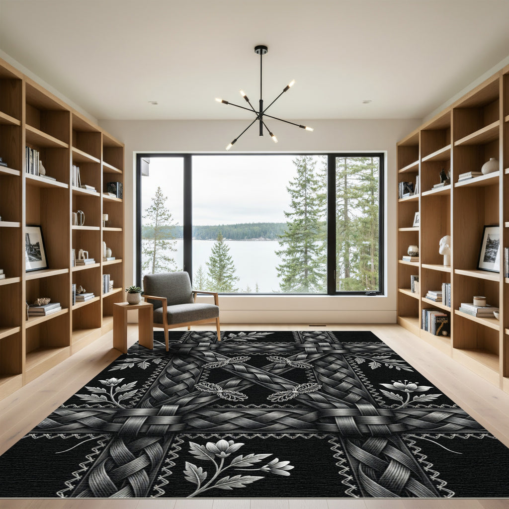 Ornate Black Silver Braided Floral Rug