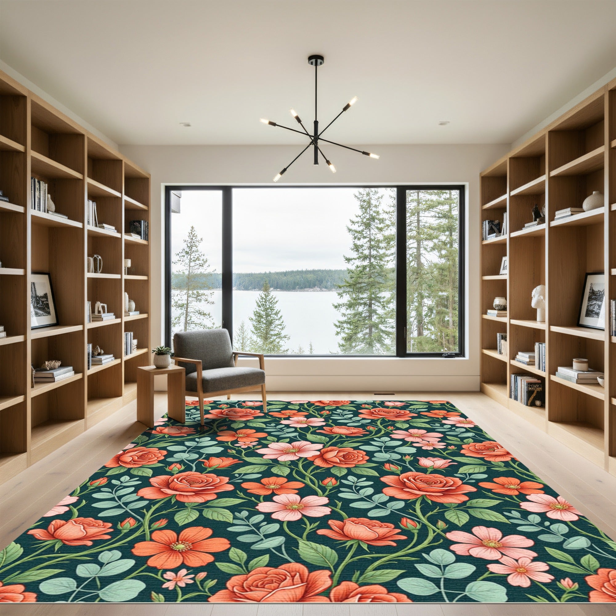 Dark Botanical Rose Floral Meadow Rug