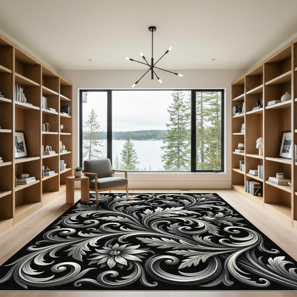 Elegant White Floral Scrollwork Rug