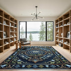 Midnight Blue Chrysanthemum Ornate Floral Crest Rug