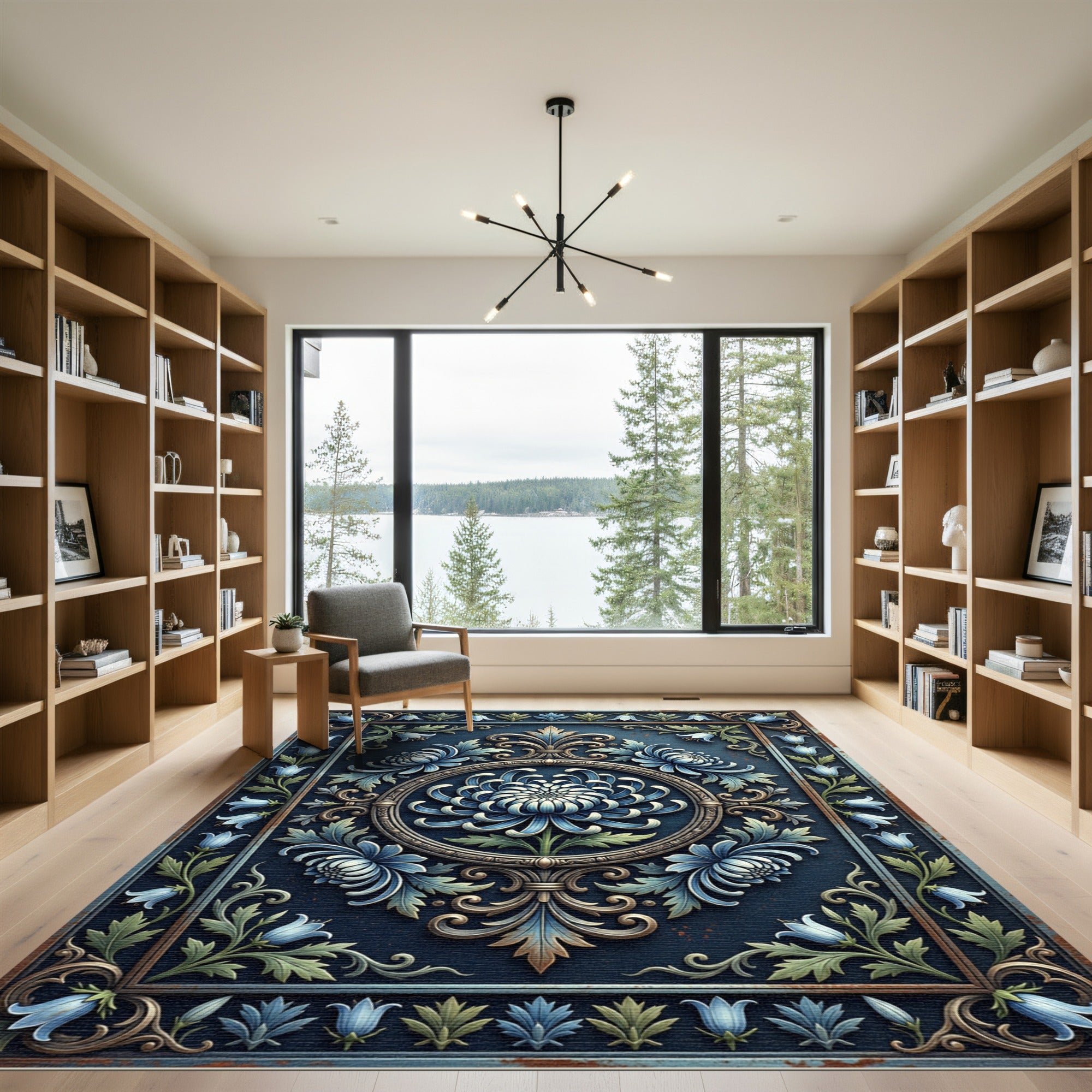 Midnight Blue Chrysanthemum Ornate Floral Crest Rug