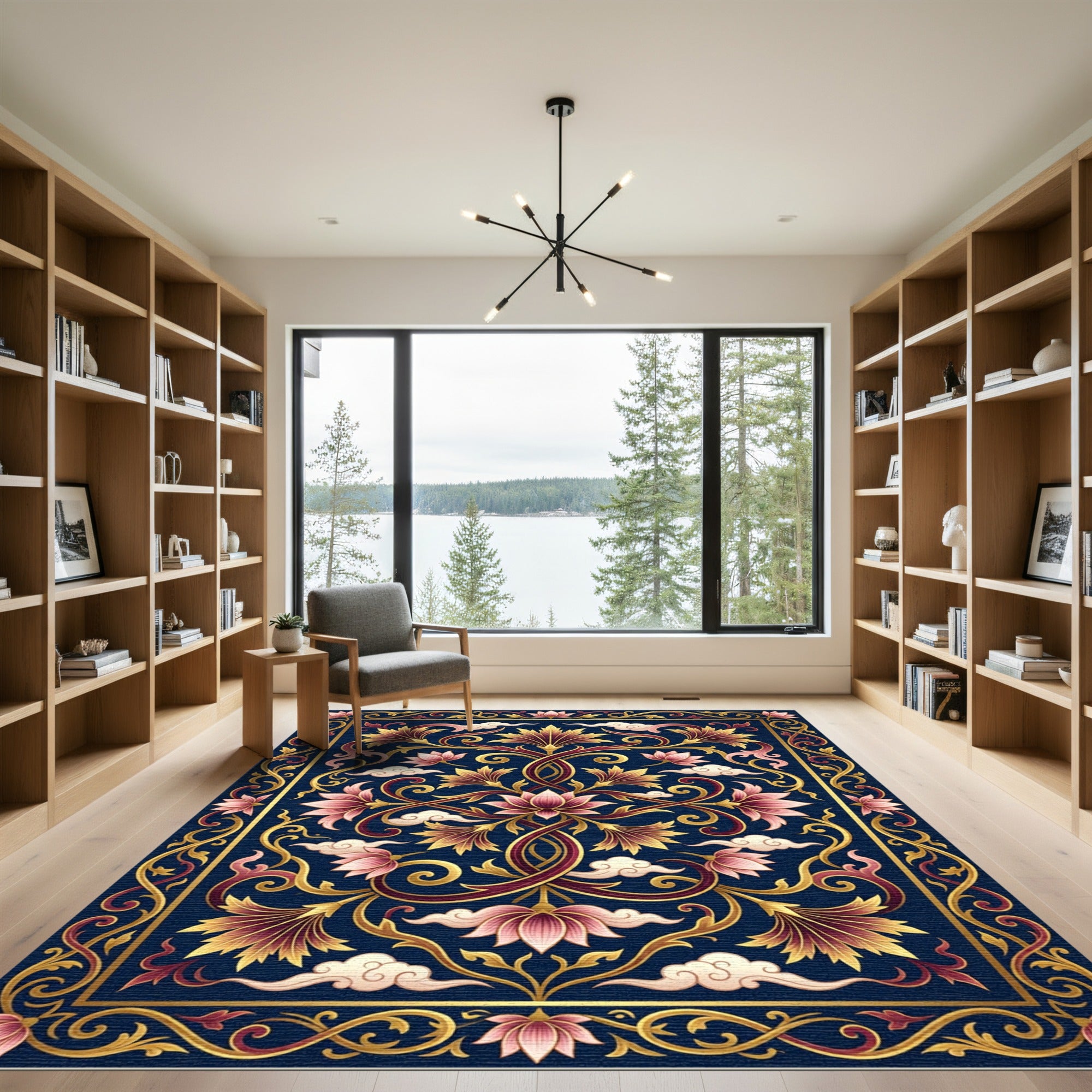 Midnight Gold Lotus Floral Flourish Rug