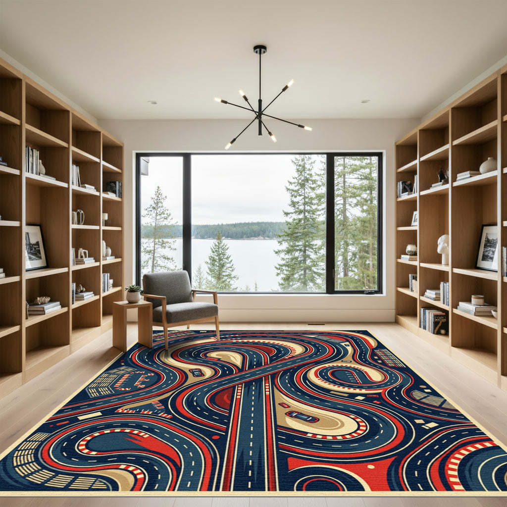Dynamic Red and Navy Race Track Rug