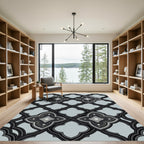 Ornate Black Quatrefoil Lattice Rug