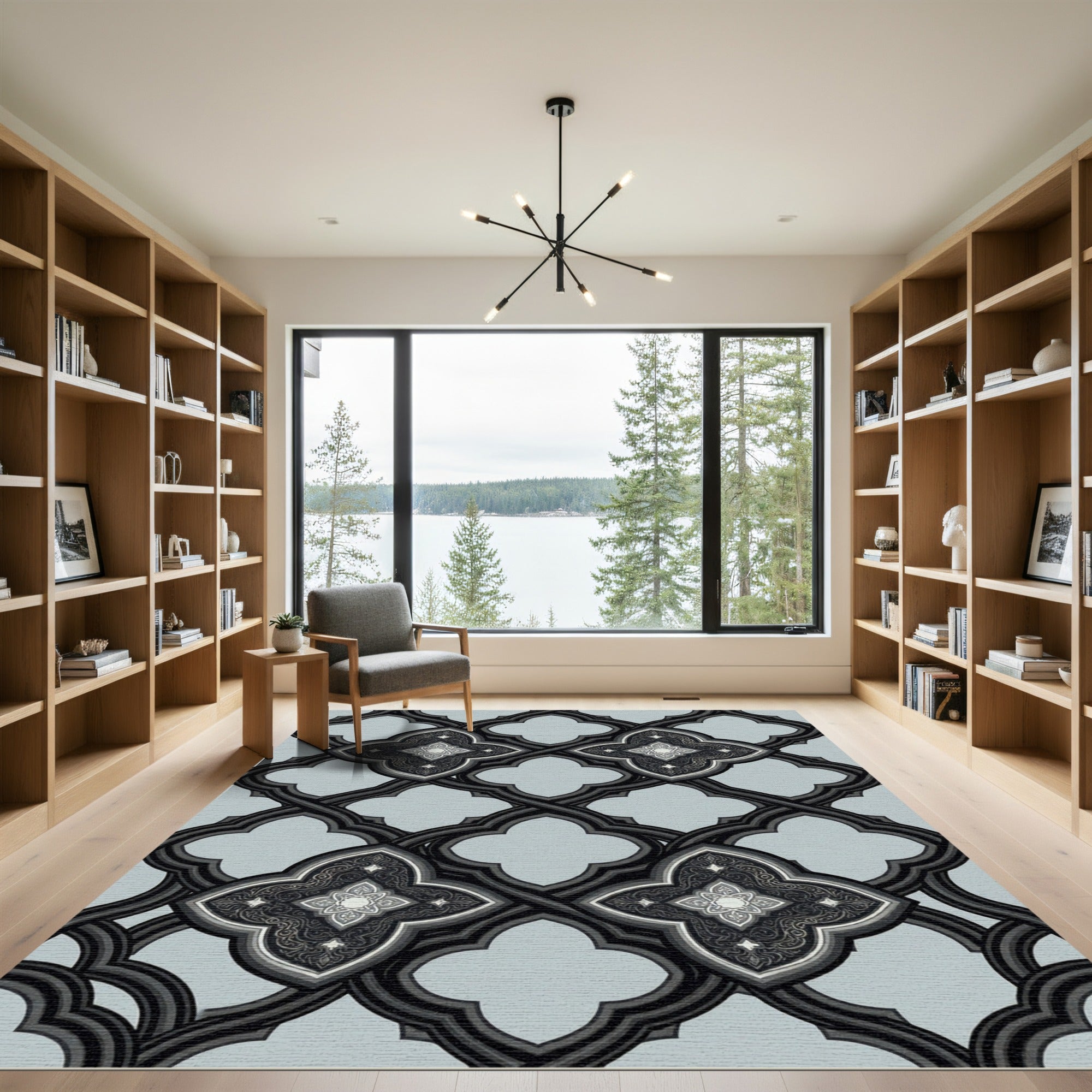 Ornate Black Quatrefoil Lattice Rug
