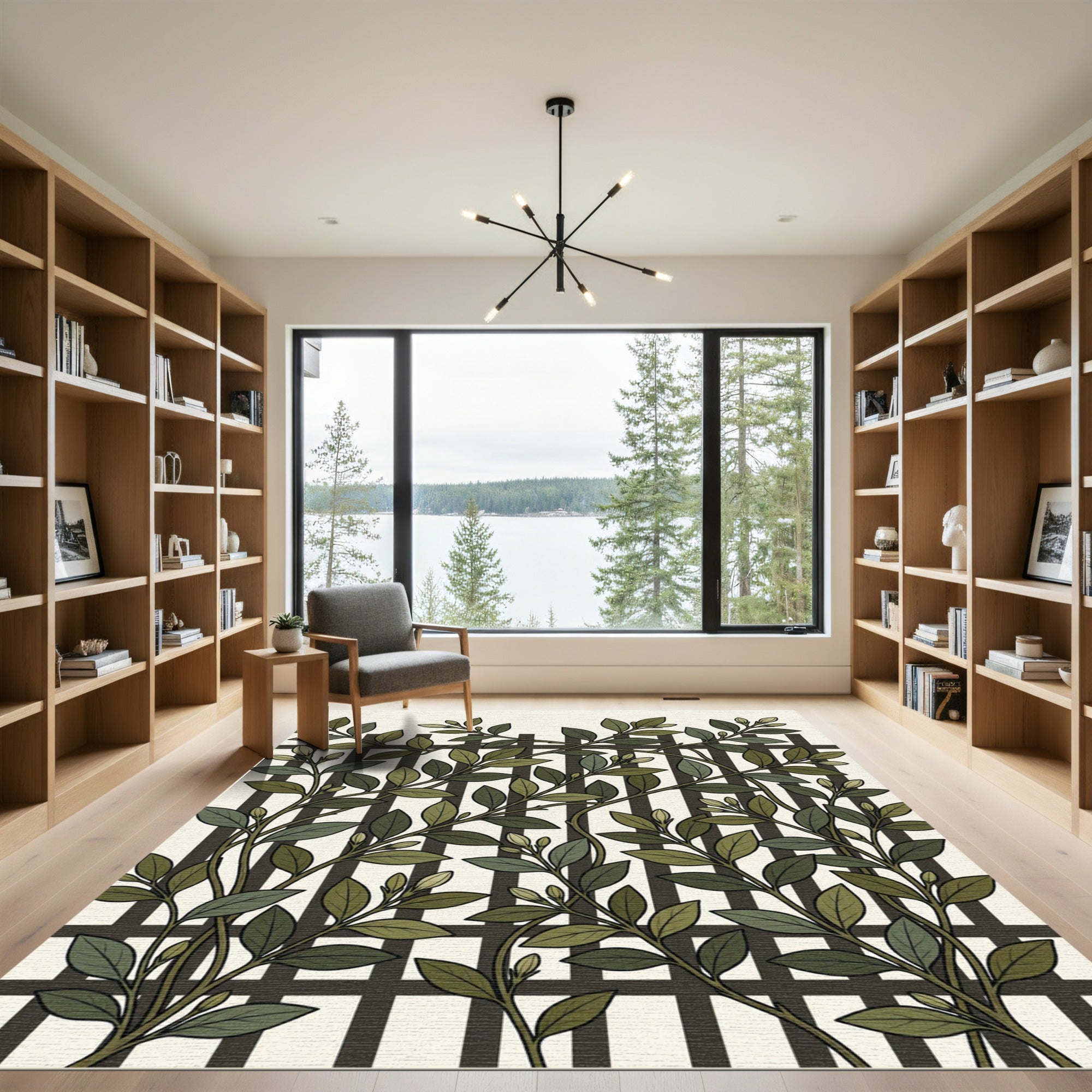 Botanical Green Leaf Trellis Grid Rug