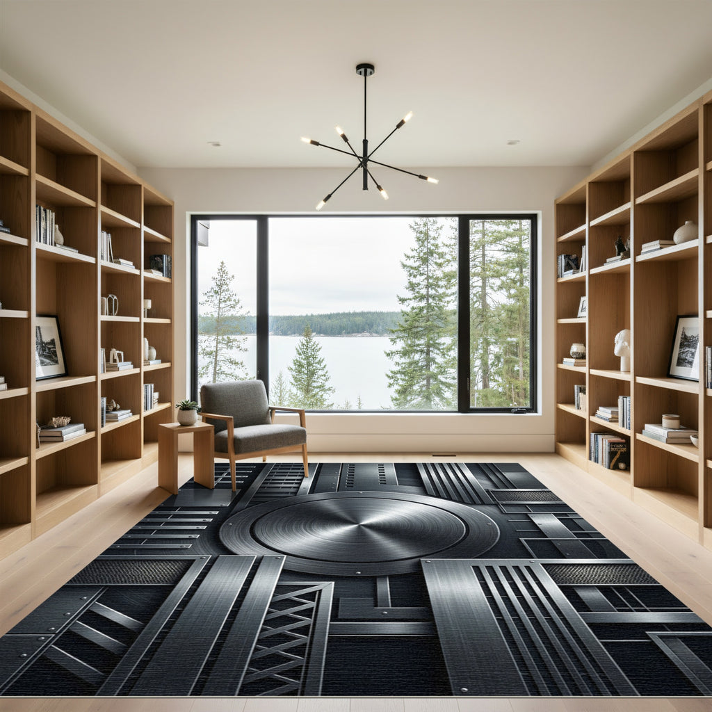 Industrial Metallic Silver Geometric Steel Rug