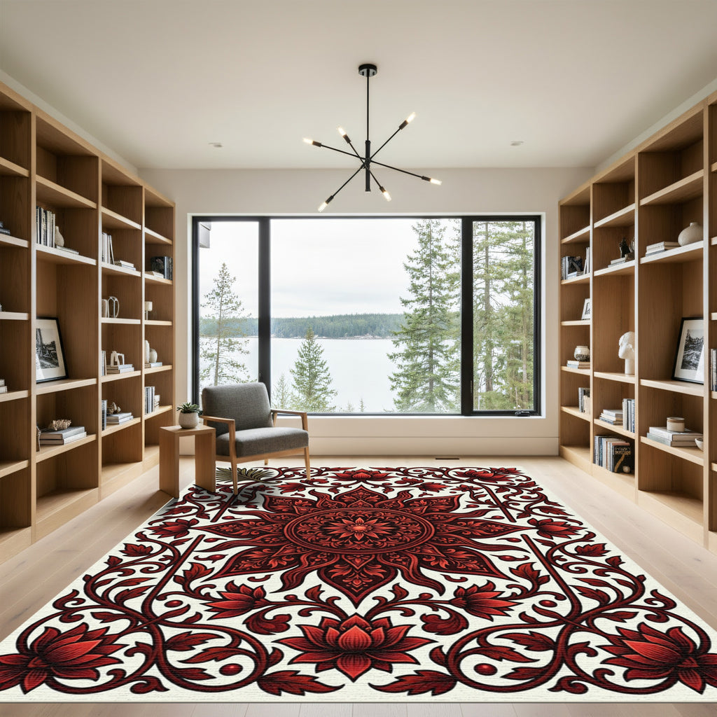 Crimson Floral Sunburst Mandala Rug