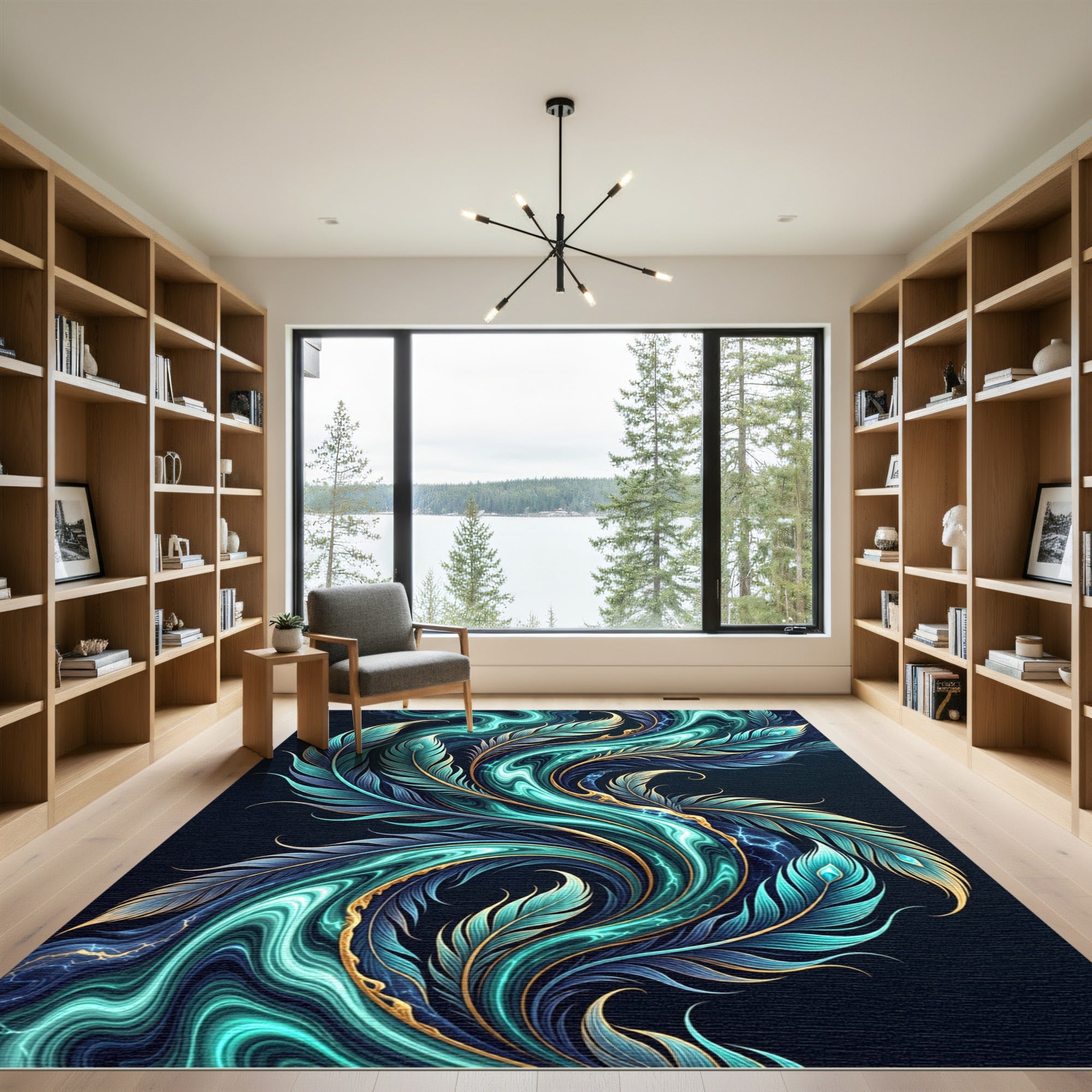 Turquoise Blue Feather Swirl Accent Rug