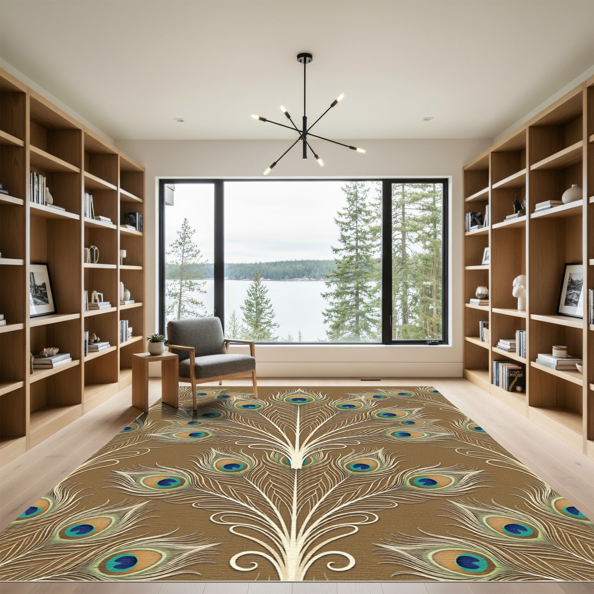 Elegant Brown Peacock Feather Arrangement Rug