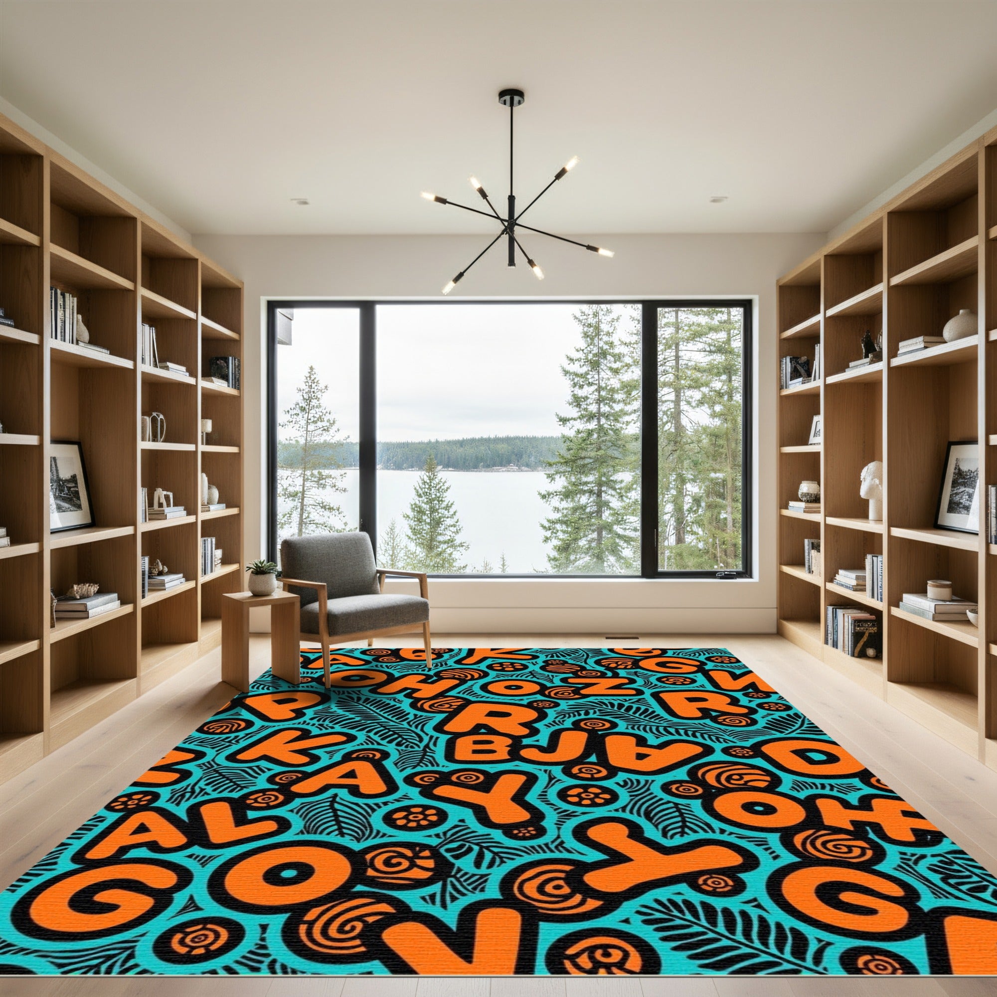Bold Orange Alphabet Teal Background Rug