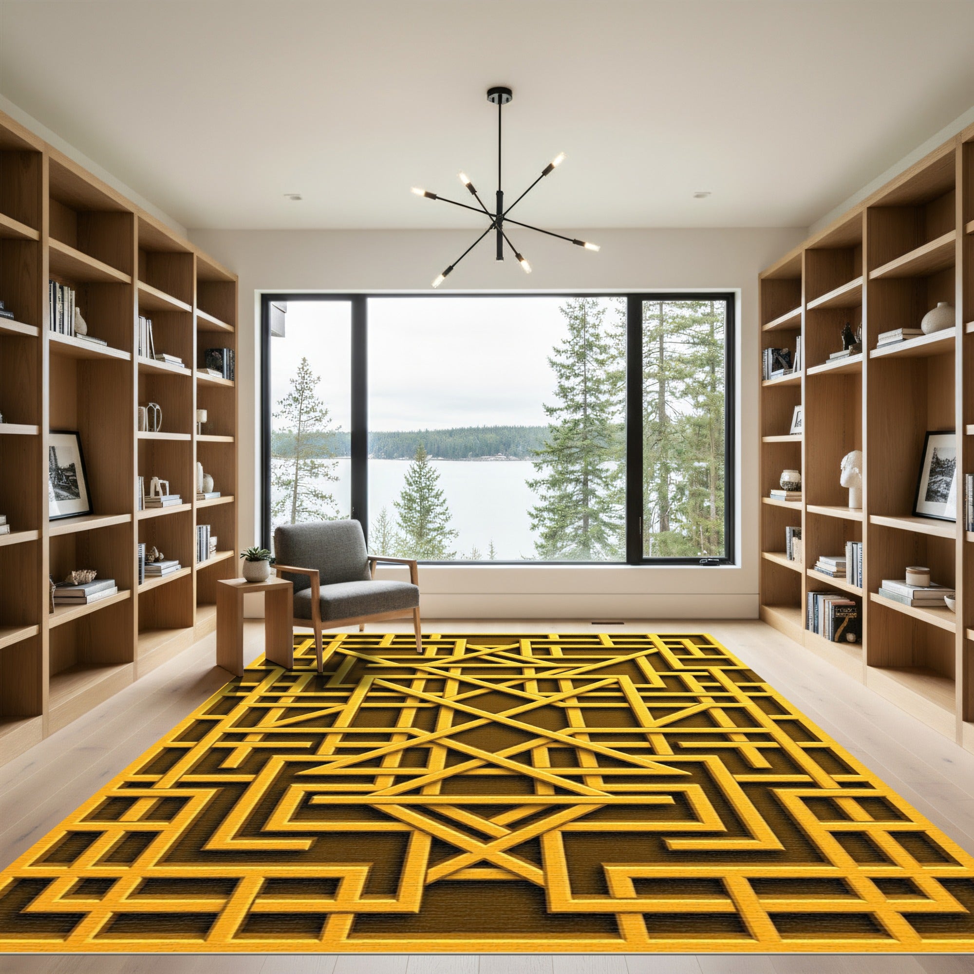 Golden Geometric Interlocking Lattice Square Rug